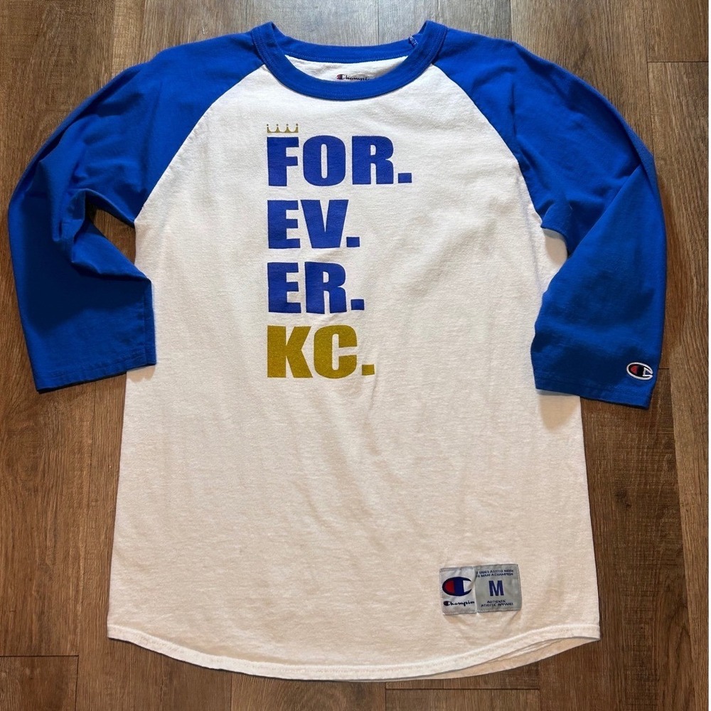 Champion Kansas City FOR. EV. ER. KC. Raglan Baseball Tee Blue White Medium